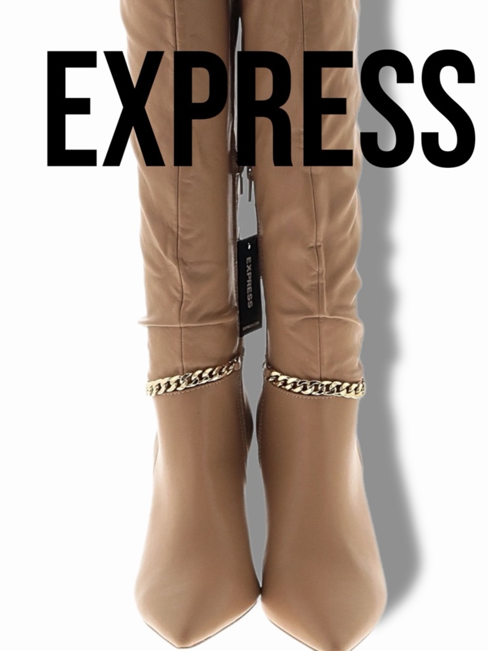 Express Tan Knee-High Boots with Gold Chain Accent